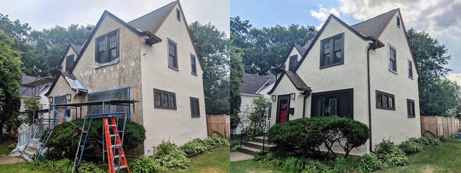 before and after of stucco restoration on a house